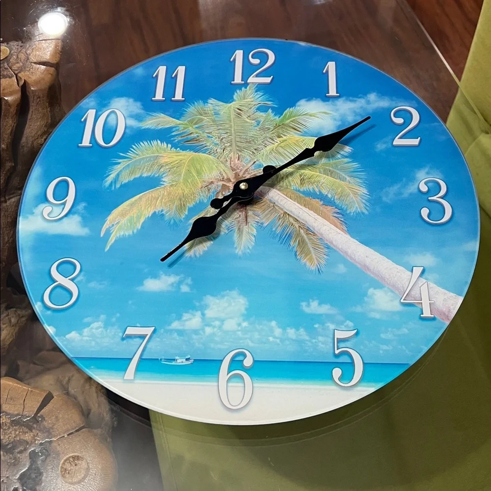 Tropical Glass Blue and White Wall Clock 13” round